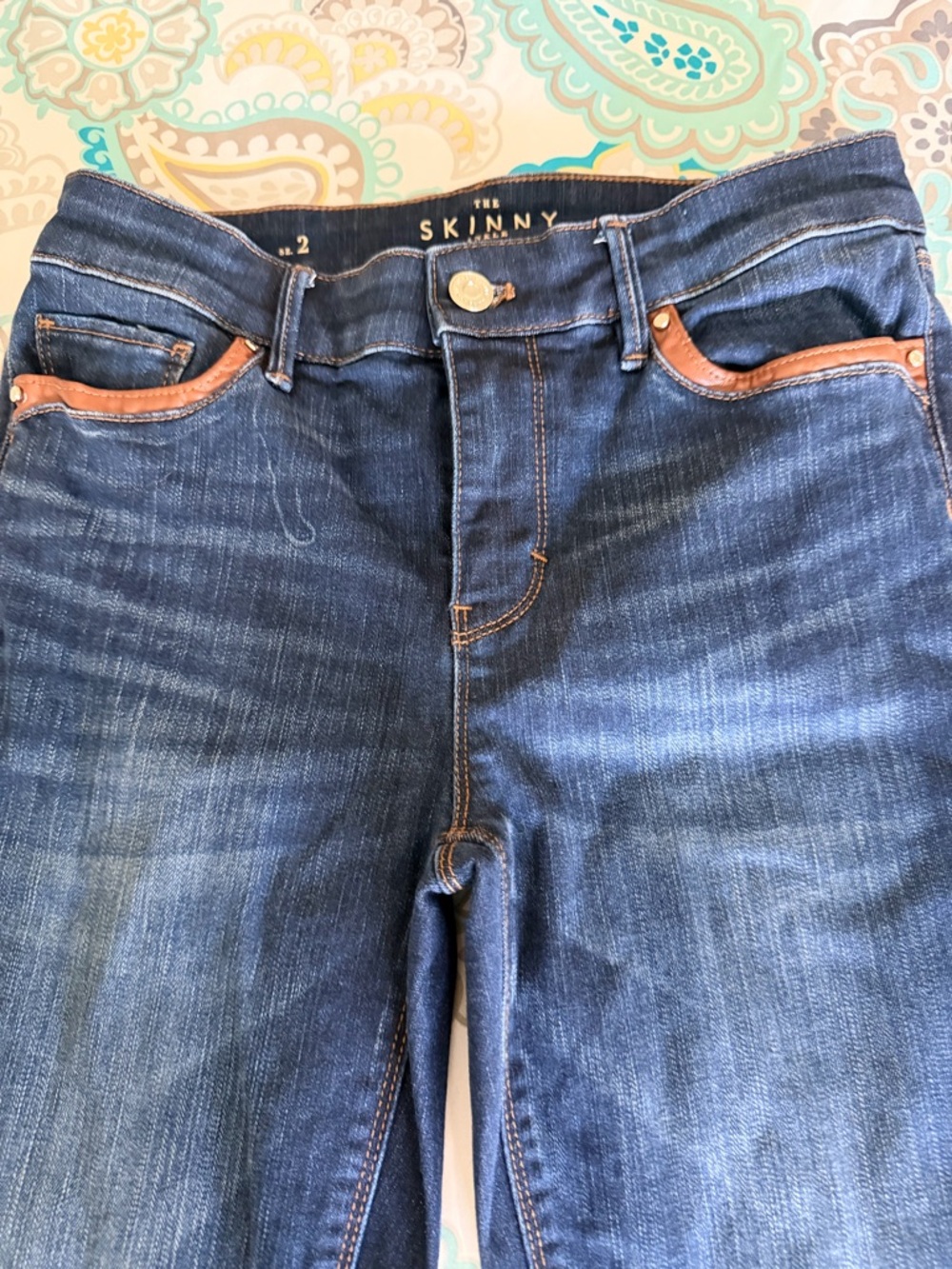 White House Black Market Dark Blue Skinny Jeans with Brown Trim zipper ankle - Picture 2 of 6